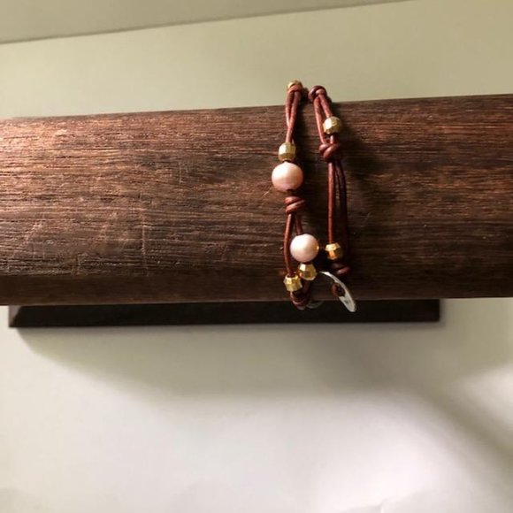 CHAN LUU NAT PINK PEARL DOUBLE BRACELET, GOLD BEADS, BS-5177, BROWN LEATHER, NWT - Picture 4 of 5
